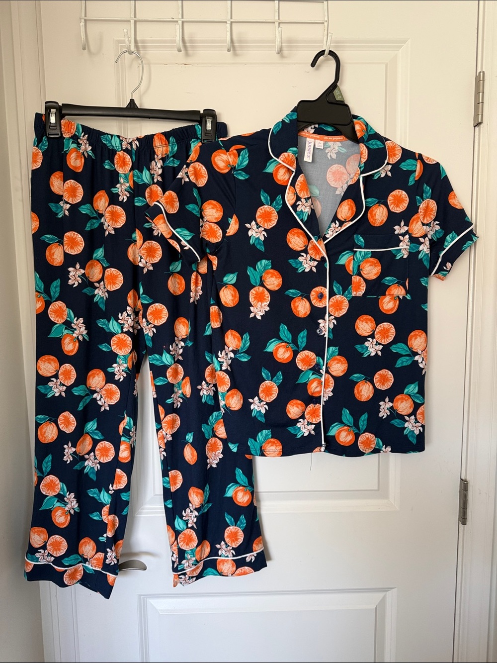 Women’s Two-Piece Navy Orange Fruit Print Pajama Set